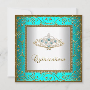 Invitation Turquoise Blue Quinceanera Gold Tiara