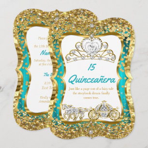Invitation Turquoise Blue Quinceanera Magique Tiara Gold 2