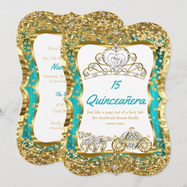 Invitation Turquoise Blue Quinceanera Magique Tiara Gold 2 (Devant / Derrière)
