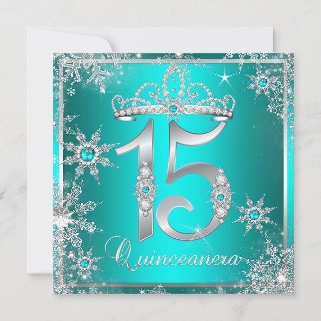 Invitation Turquoise Blue Quinceanera Winter Wonderland Snowf (Devant)