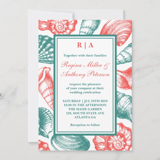 Invitation Turquoise Blue Red Seashells Plage Mariage Invitat (Devant)
