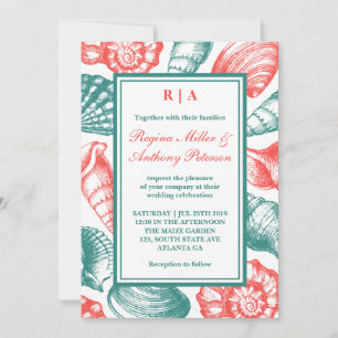 Invitation Turquoise Blue Red Seashells Plage Mariage Invitat