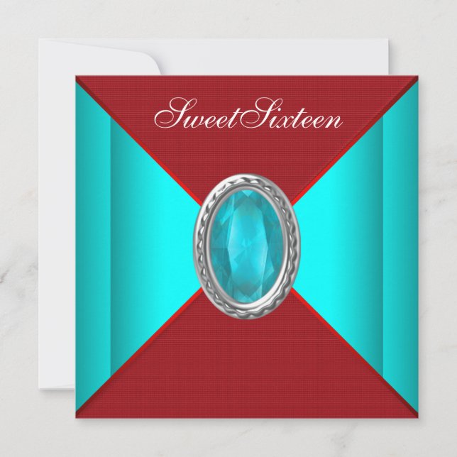 Invitation Turquoise Blue Red Sweet sixteen fête d'anniversai (Devant)