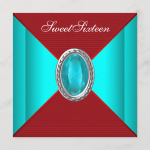 Invitation Turquoise Blue Red Sweet sixteen fête d'anniversai