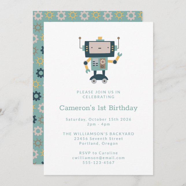 Invitation Turquoise Blue Robot Gears Simple 1er anniversaire (Devant / Derrière)