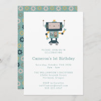 Turquoise Blue Robot Gears Simple 1er anniversaire