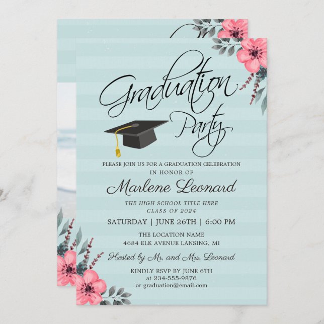 Invitation Turquoise Blue Rose Floral Gold Script Photo Gradu (Devant / Derrière)