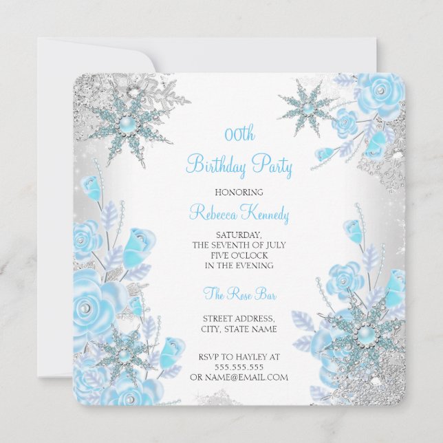 Invitation Turquoise Blue Rose Winter Wonderland Snowflakes P (Devant)
