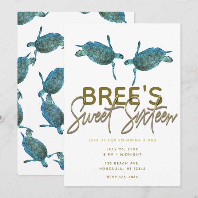 Invitation Turquoise Blue Sea Turtles Beach Gold Sweet 16 Par (Devant / Derrière)