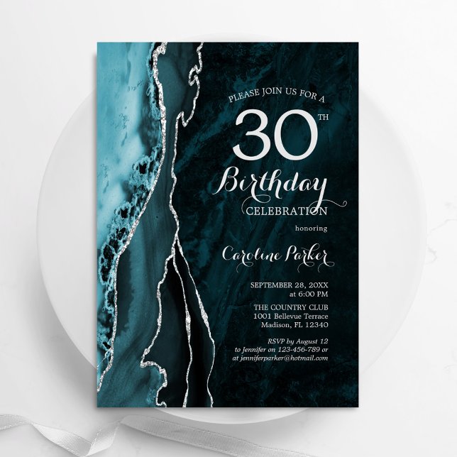 Invitation Turquoise Blue Silver Agate 30e anniversaire (Créateur téléchargé)