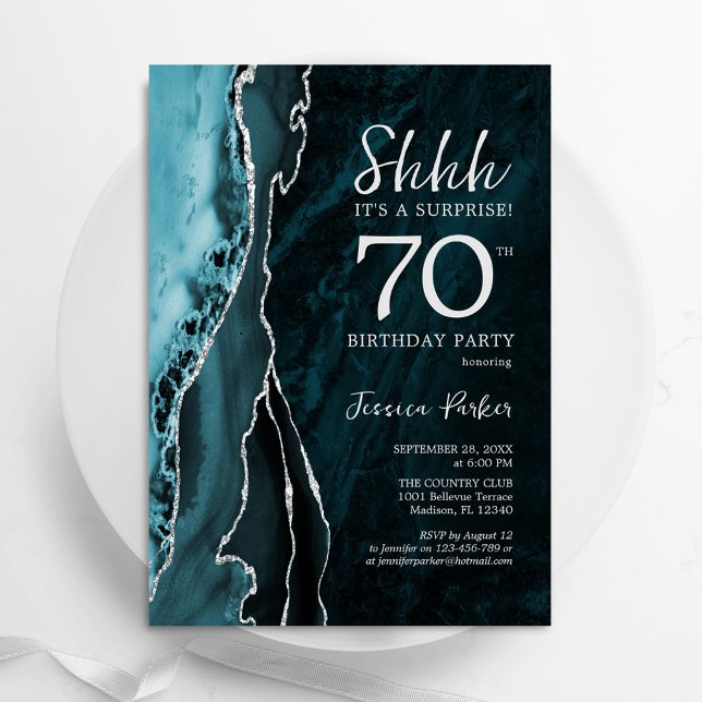 Invitation Turquoise Blue Silver Agate Surprise 70e anniversa (Créateur téléchargé)