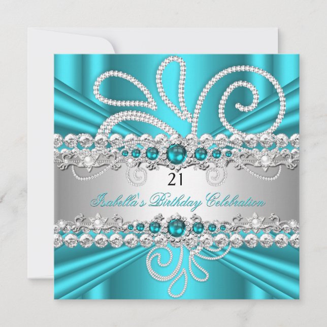 Invitation Turquoise Blue Silver Diamonds Pearl fête d'annive (Devant)