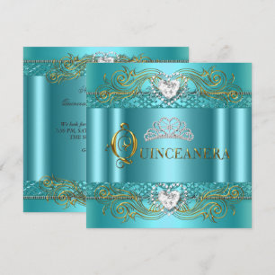 Invitation Turquoise Blue Silver Gold Quinceanera fête d'anni