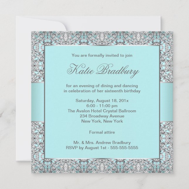 Invitation Turquoise Blue Silver Lace Classic Sweet sixteen P (Devant)