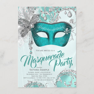 Invitation Turquoise Blue Silver Sweet 16 Masquerade Party