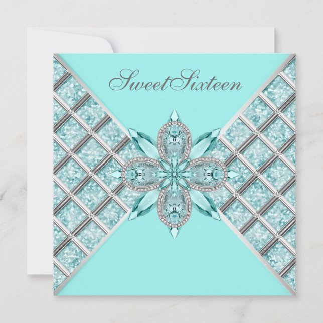 Invitation Turquoise Blue Silver Sweet sixteen fête d'anniver (Devant)