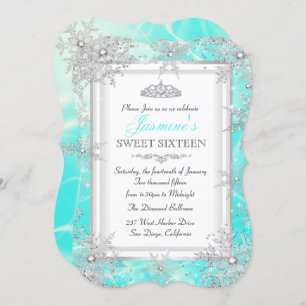 Invitation Turquoise Blue Silver Winter Wonderland Sweet 16 P