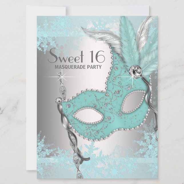 Invitation Turquoise Blue Snowflake Sweet 16 Masquerade Party (Devant)