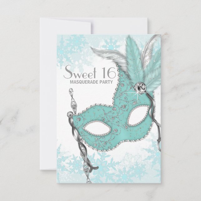 Invitation Turquoise Blue Snowflake Sweet 16 Masquerade Party (Devant)