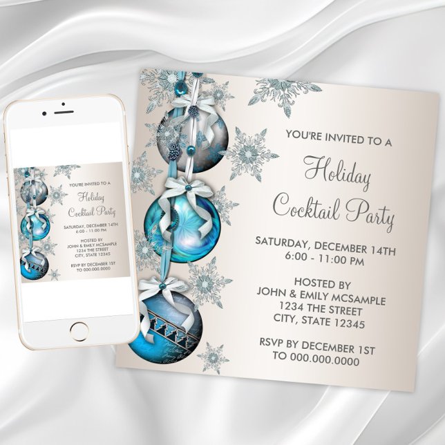 Invitation Turquoise Blue Snowflakes Ornements Noël (Teal Blue Snowflakes Ornaments Christmas Party Invitation. Any occasion. Download and printed.)