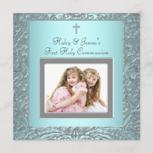 Invitation Turquoise Blue Twins Photo First Communion