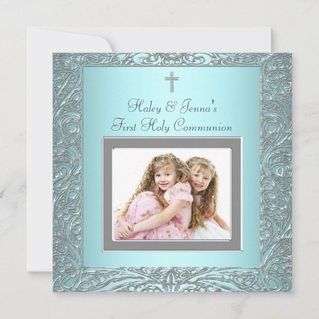 Invitation Turquoise Blue Twins Photo Première communion (Devant)