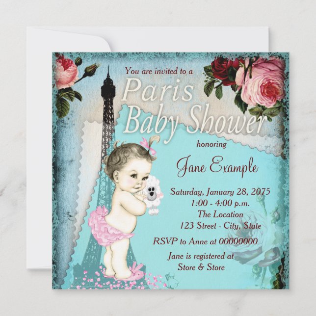 Invitation Turquoise Blue Vintage Paris Baby shower (Devant)