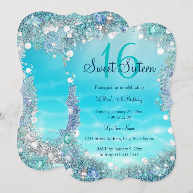 Invitation Turquoise Blue Water Ocean Pearls Sweet 16 Party (Devant / Derrière)