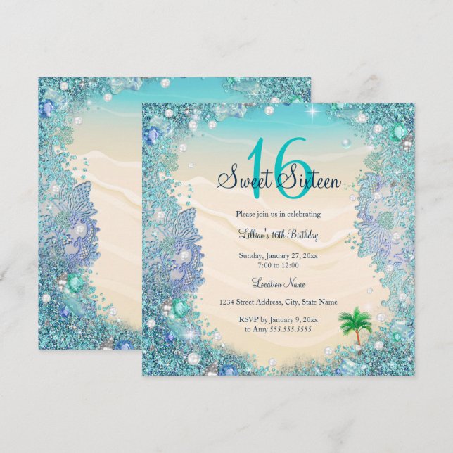 Invitation Turquoise Blue Water Ocean Sand Pearls Sweet 16 Pa (Devant / Derrière)