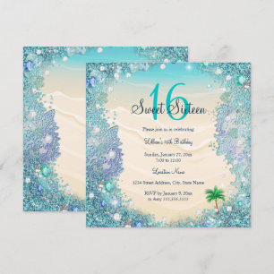 Invitation Turquoise Blue Water Ocean Sand Pearls Sweet 16 Pa