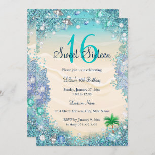 Invitation Turquoise Blue Water Ocean Sand Pearls Sweet 16 Pa