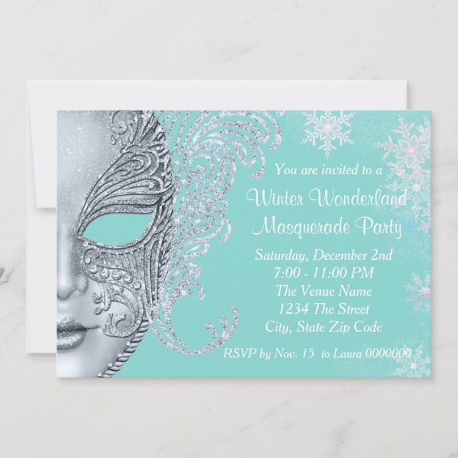 Invitation Turquoise Blue Winter Wonderland Masquerade Party (Devant)