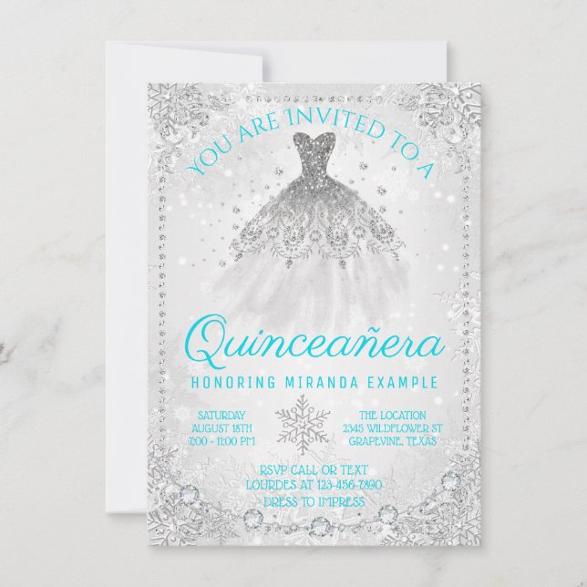 Invitation Turquoise Blue Winter Wonderland Snowflake Quincea (Devant)