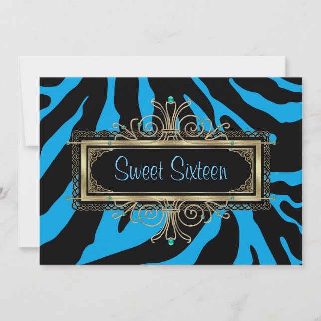 Invitation Turquoise Blue Zebra Black Gold Sweet sixteen Anni (Devant)