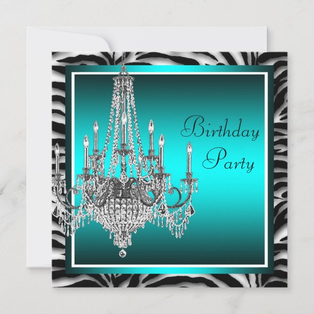 Invitation Turquoise Blue Zebra Chandelier fête d'anniversair (Devant)