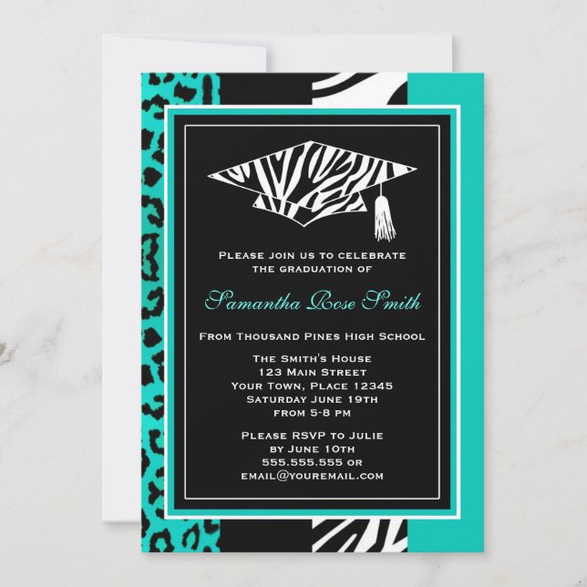 Invitation Turquoise Blue Zebra et diplôme de Empreinte de lé (Devant)