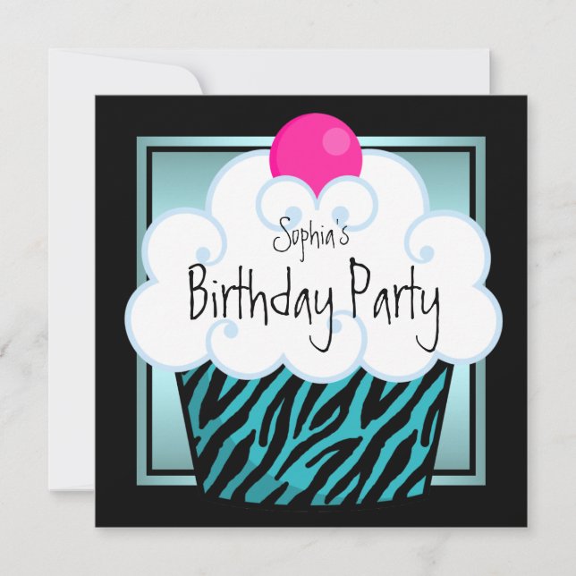 Invitation Turquoise Blue Zebra Girls Cupcake fête d'annivers (Devant)