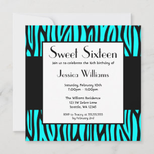 Invitation Turquoise Blue Zebra Modern Sweet 16 Anniversaire