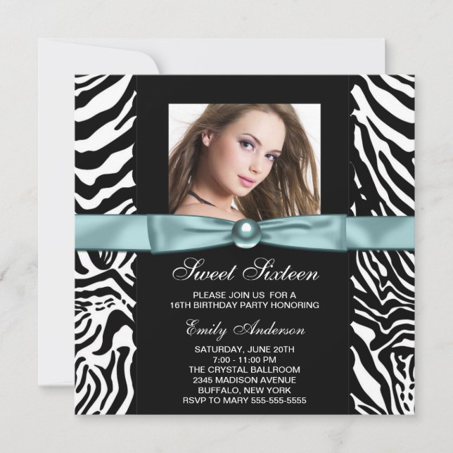 Invitation Turquoise Blue Zebra Photo Sweet sixteen Anniversa (Devant)