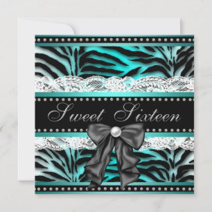 Invitation Turquoise Blue Zebra Sweet 16 Anniversaire