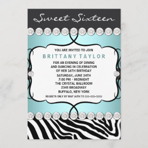 Invitation Turquoise Blue Zebra Sweet sixteen fête d'annivers