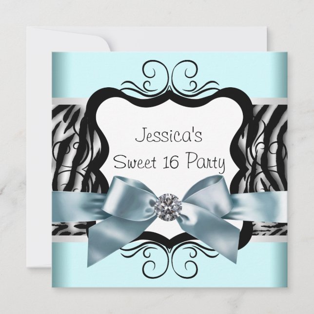 Invitation Turquoise Blue Zebra Sweet sixteen fête d'annivers (Devant)