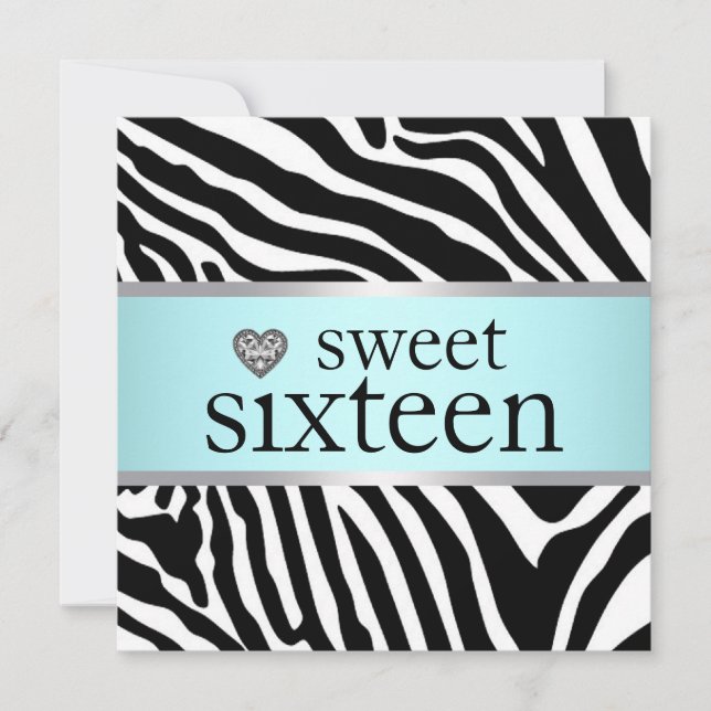 Invitation Turquoise Blue Zebra Sweet sixteen fête d'annivers (Devant)