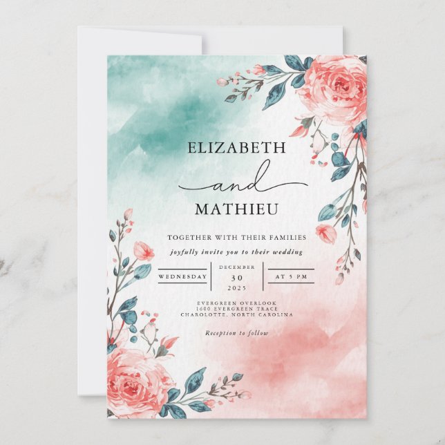 Invitation Turquoise Blush Floral Romance Mariage (Devant)