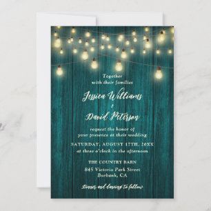 Invitation Turquoise Bois Chaîne Lumières Pays Barre Mariage