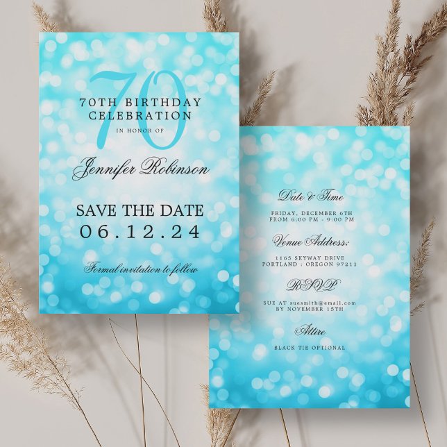 Invitation Turquoise Bokeh 70th Birthday Save Date Détails (Turquoise Bokeh 70th Birthday Save Date Details Invitation)