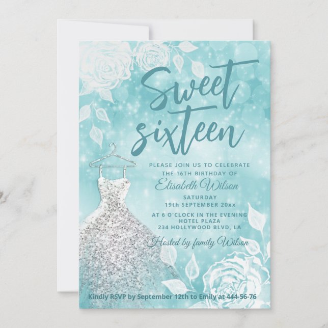 Invitation Turquoise Bokeh blanc roses sweet sixteen (Devant)