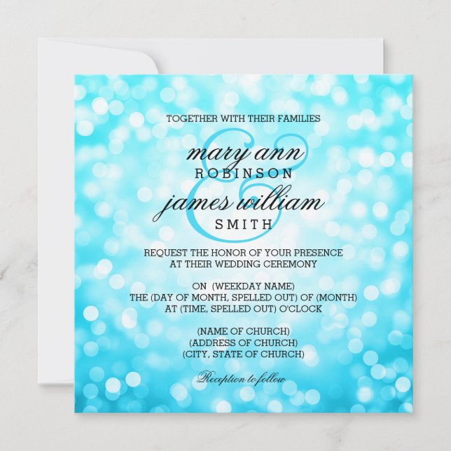 Invitation Turquoise Bokeh éclaire un mariage élégant (Devant)