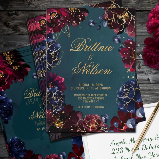 Invitation Turquoise Bordeaux Sapphire Bijou Tone Mariage or (Teal Bordeaux Sapphire Jewel Tone Gold Wedding Invitation)