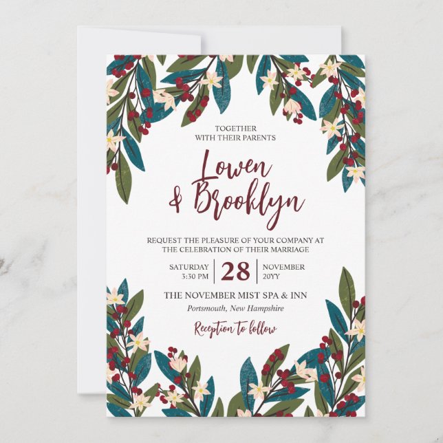 Invitation Turquoise & Bourgogne Floral Berry Twigs Mariage (Devant)